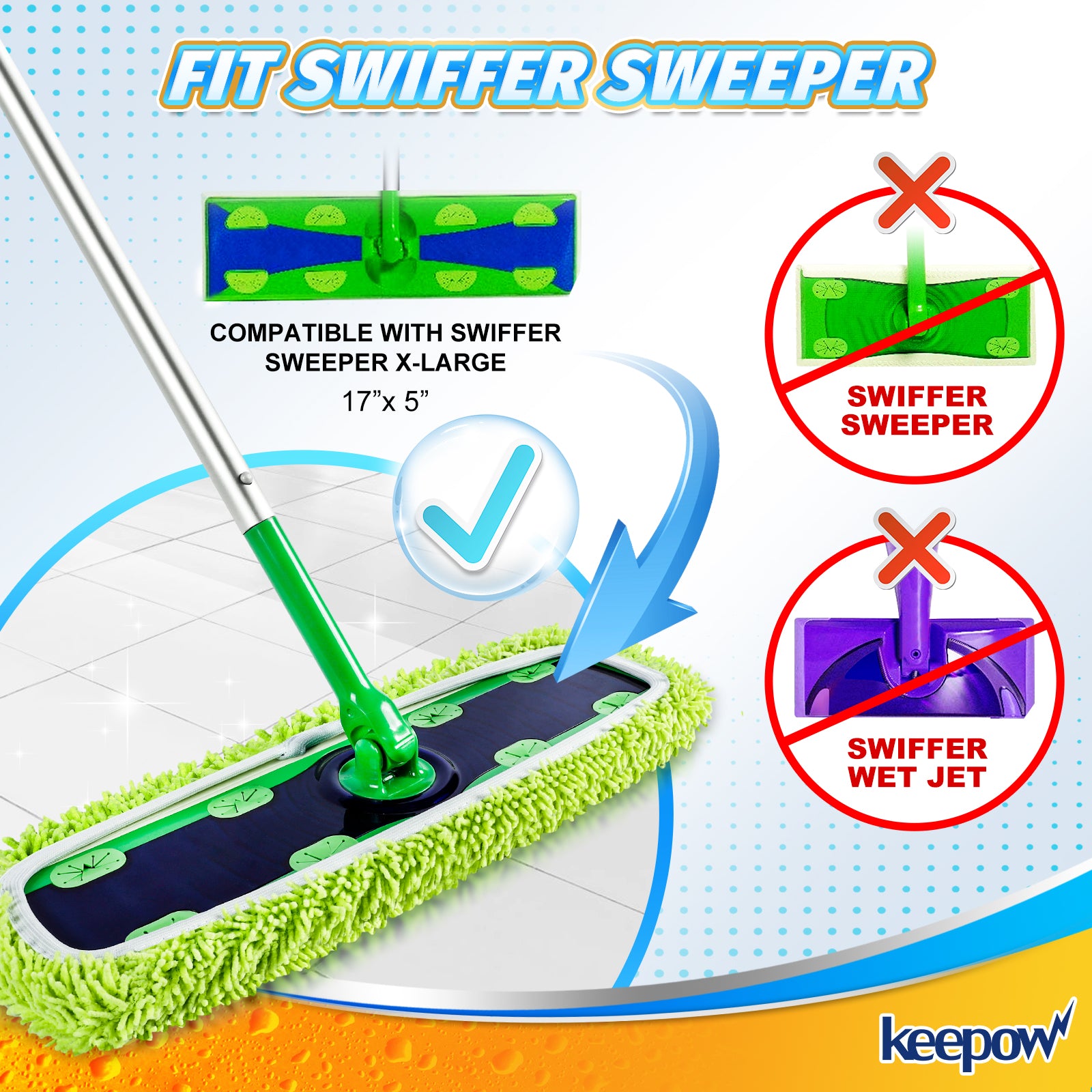 KEEPOW Reusable XL Mop Pads Compatible for Swiffer XL Sweeper, X-Large Dry Sweeping Cloths, Wet Mopping Cloths, Washable Microfiber XL Wet Pads Refills for Surface/Hardwood Floor Cleaning, 4 Pack