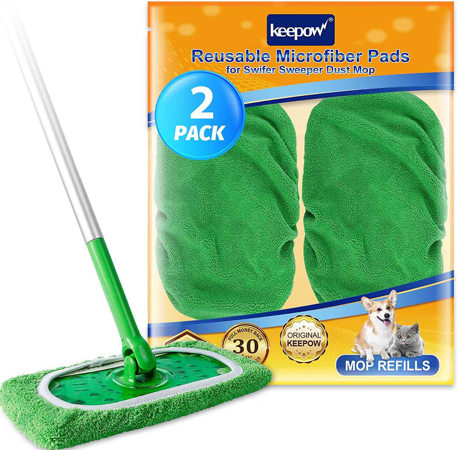 KEEPOW Reusable Pads for All 10-12 Inch Flat Mop 2-Pack