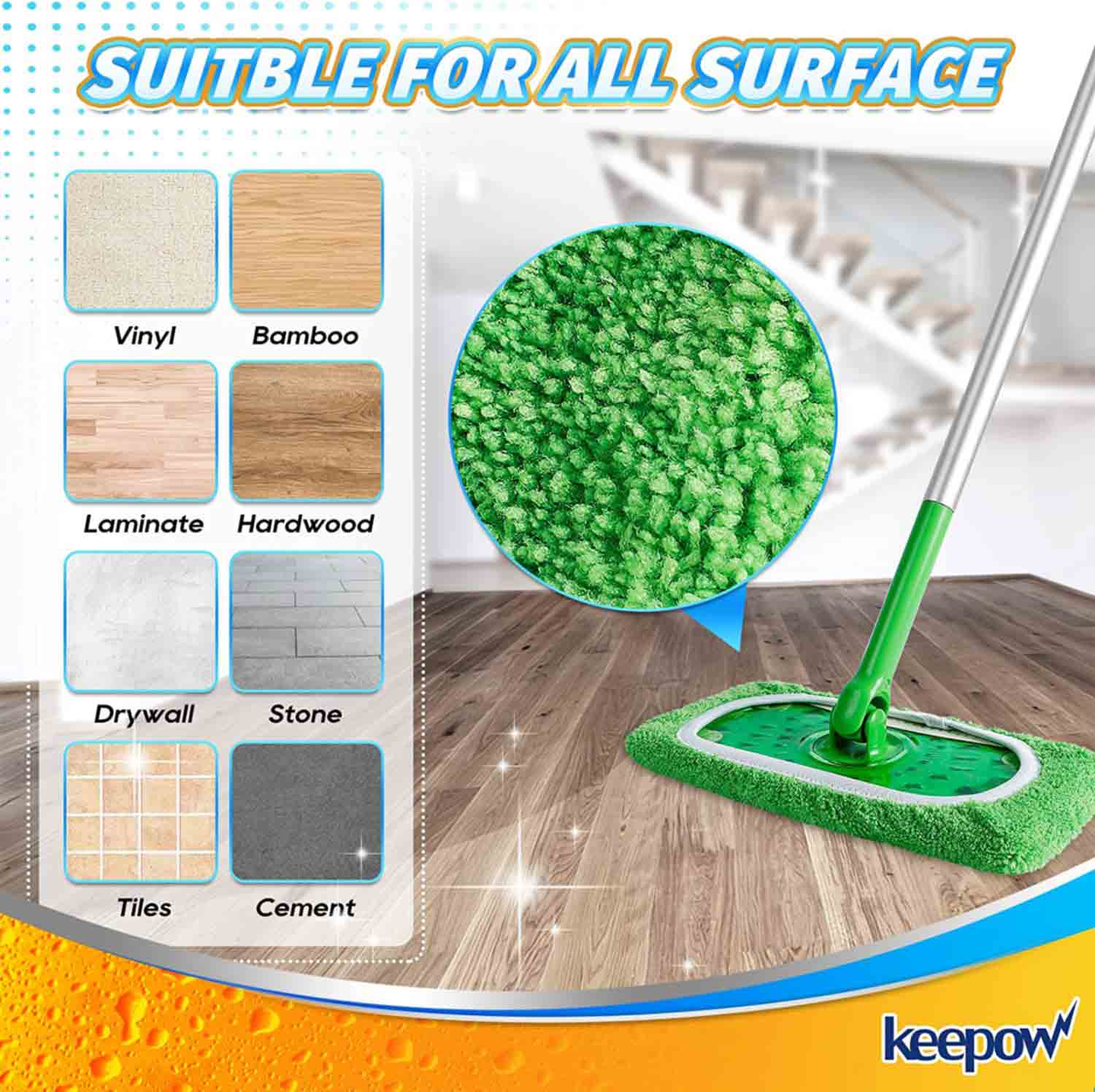 Keepow Reusable Wet Pads Fit Swiffer Sweeper Mop & All 10-12 Inch Flat Mop