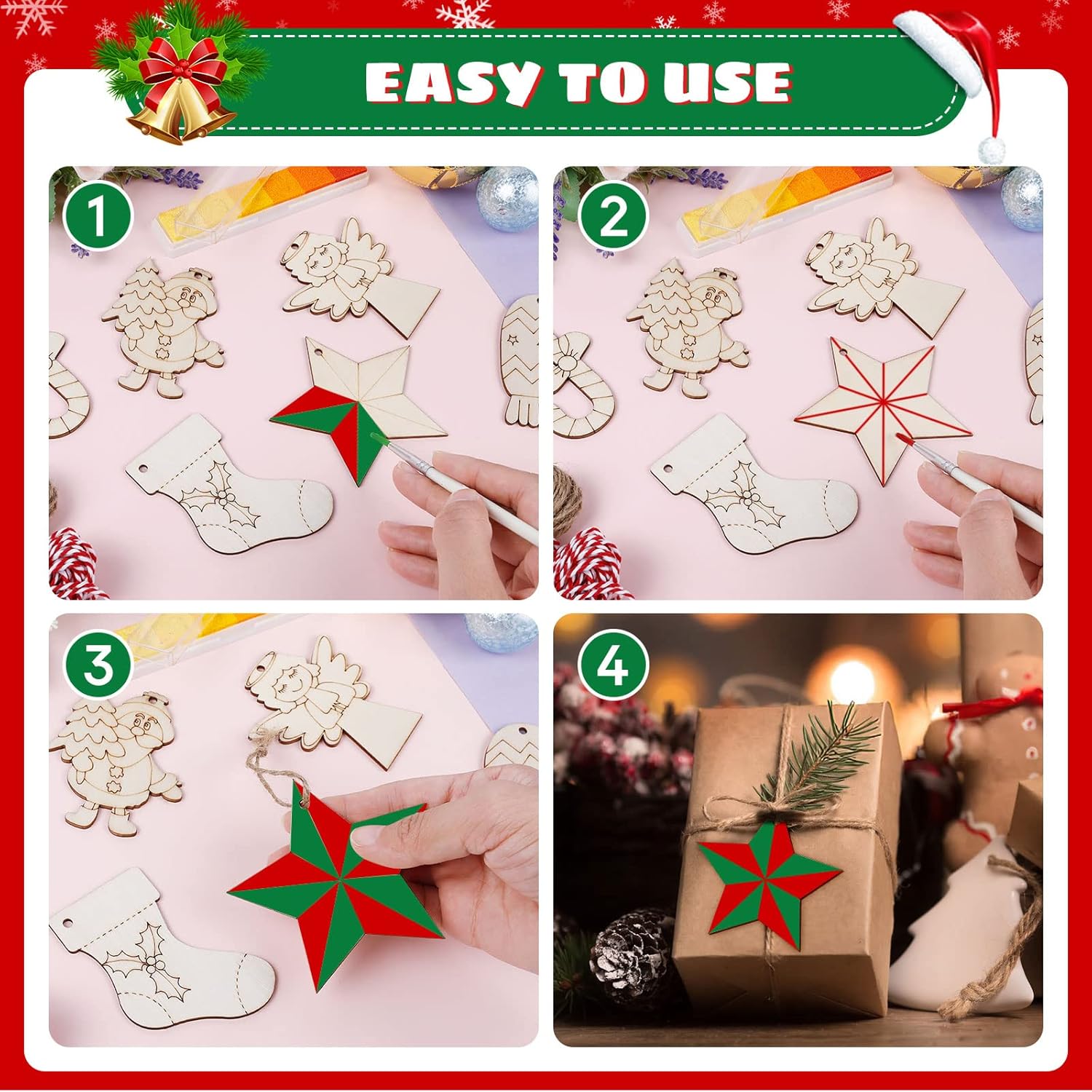 Christmas Crafts for Kids Unfinished Wooden Slices for Holiday Hanging Decorations 10Style 80Pcs