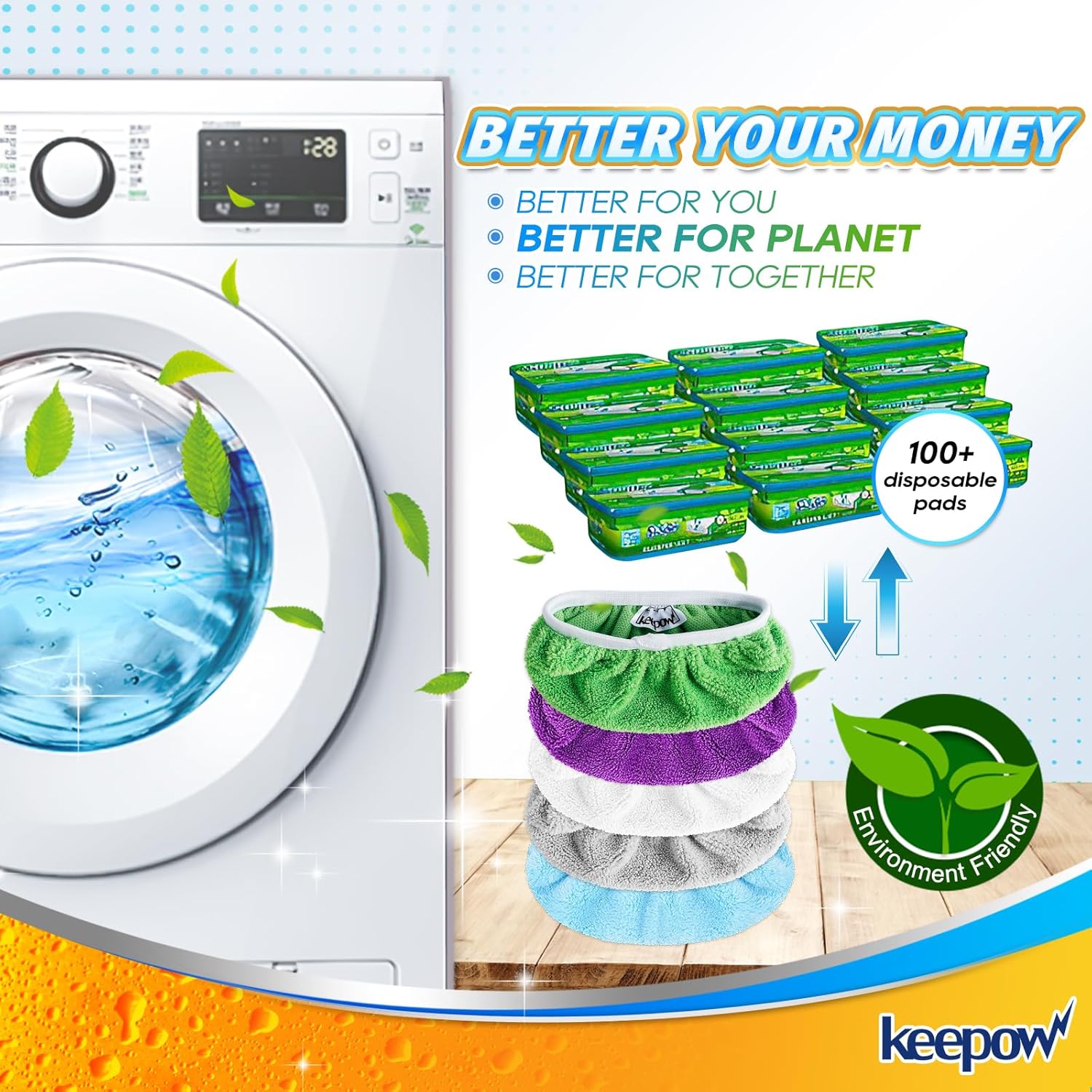 KEEPOW Green Cotton Pads for All 10-12 Inches Flat Mop 10 Mix Color