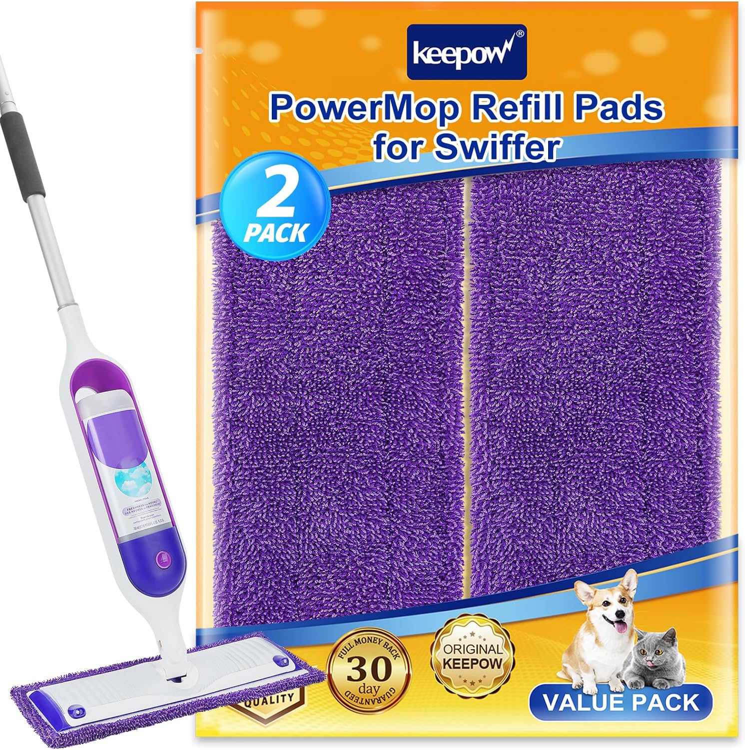 KEEPOW  5705M Reusable Pads for Swiffer Power Mop, Refill Pads for Swiffer Power Mop Wood Floor Cleaning, Microfiber Mop Pads for Hardwood Floors (2 Pack)