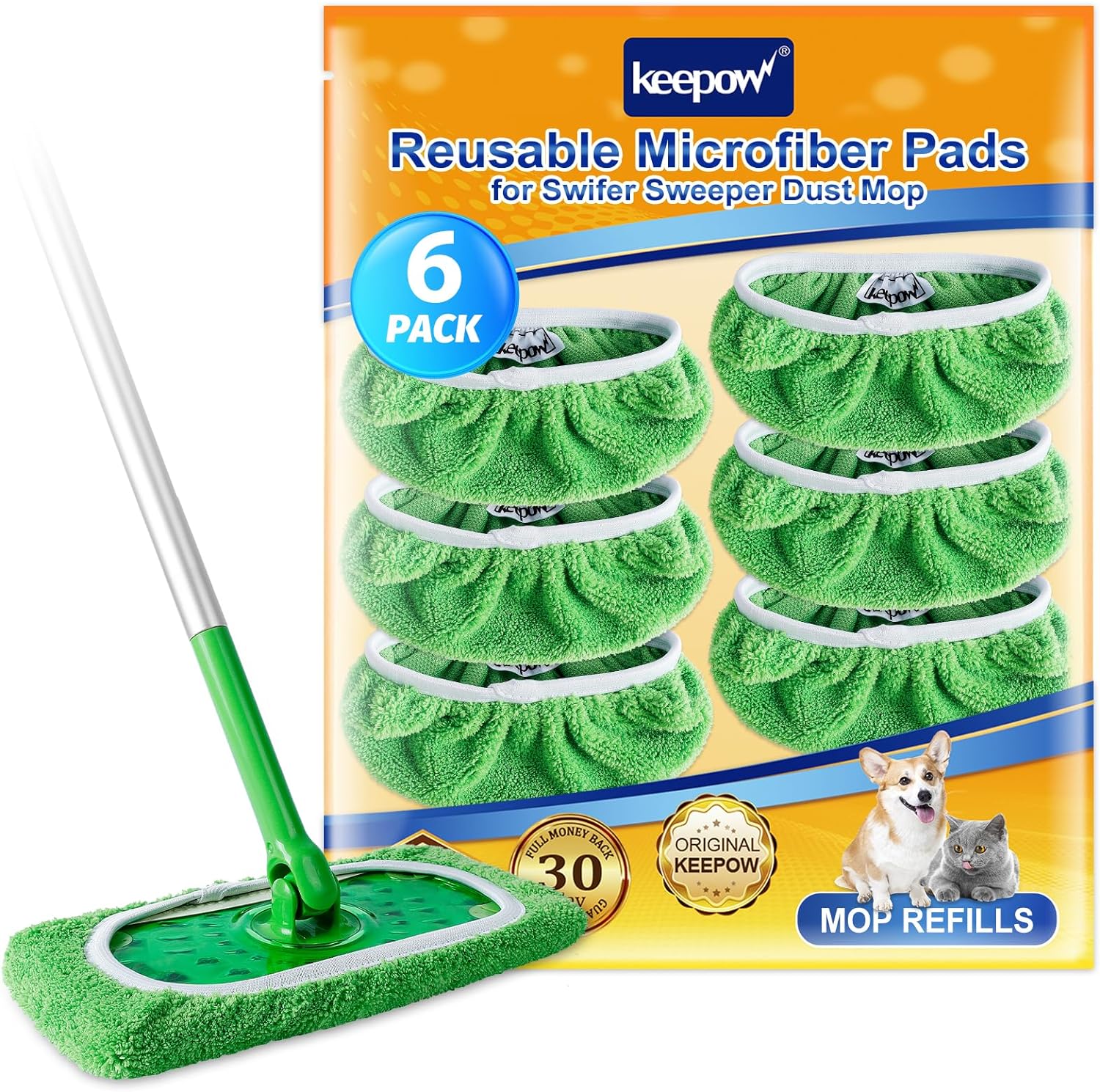 KEEPOW 5701M Green Cotton Pads for All 10-12 Inches Flat Mop 6 Pcs