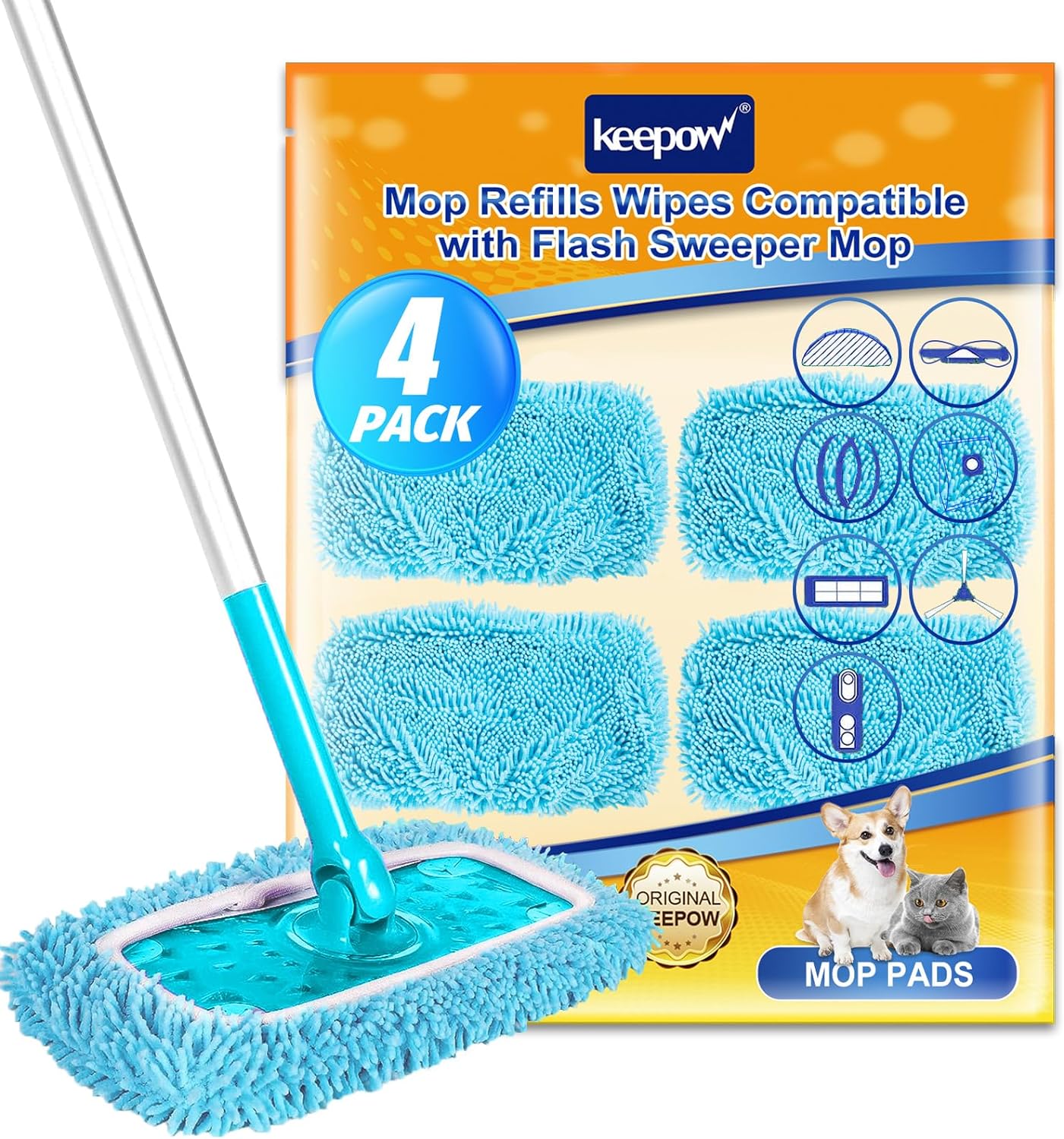 KEEPOW 5701M Reusable Mop Pads for 10-12 Inches Flat Mop, Microfiber Dry Pads for Flash Speed Mop(4 Pack)