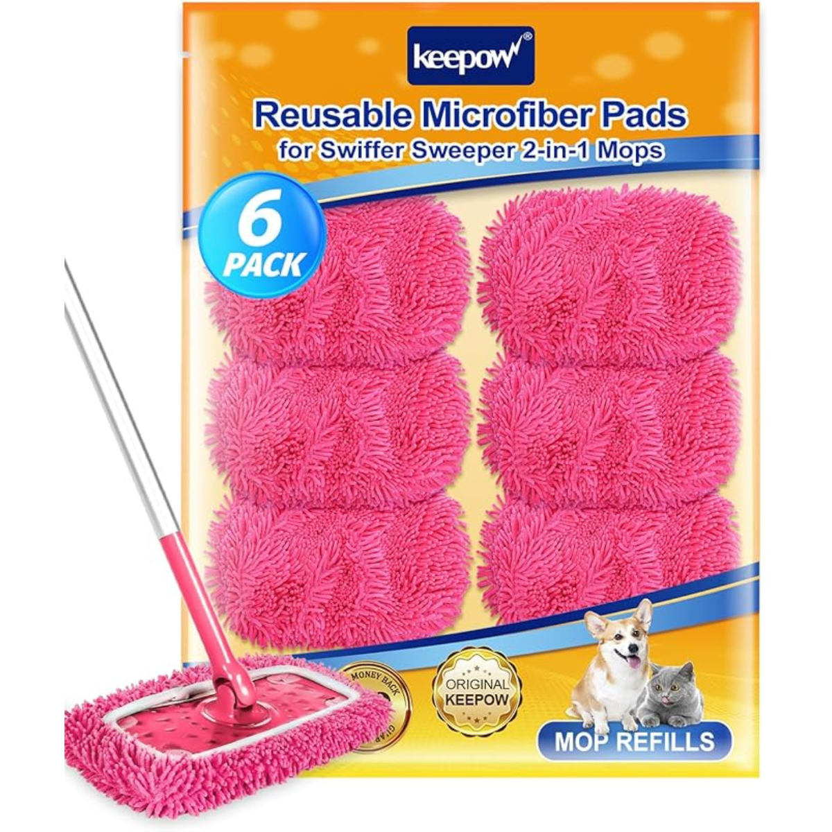 KEEPOW Microfiber Chenilles Pads for 10-12 Inches Flat Mop 6 Pcs Pink