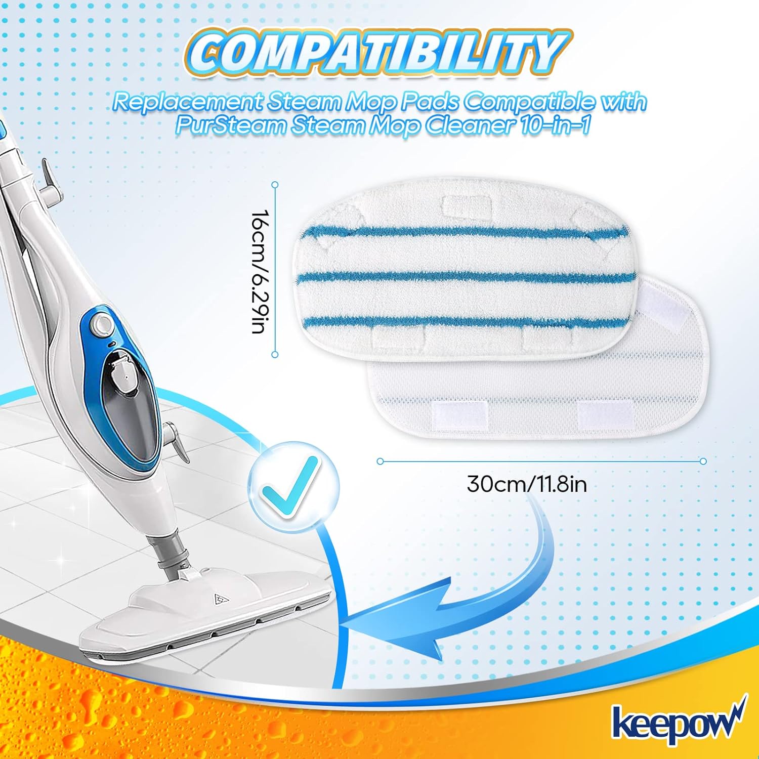 KEEPOW 5001M 11.8*6.29 Inches Microfiber Pads for Steam Mop 8 Pcs