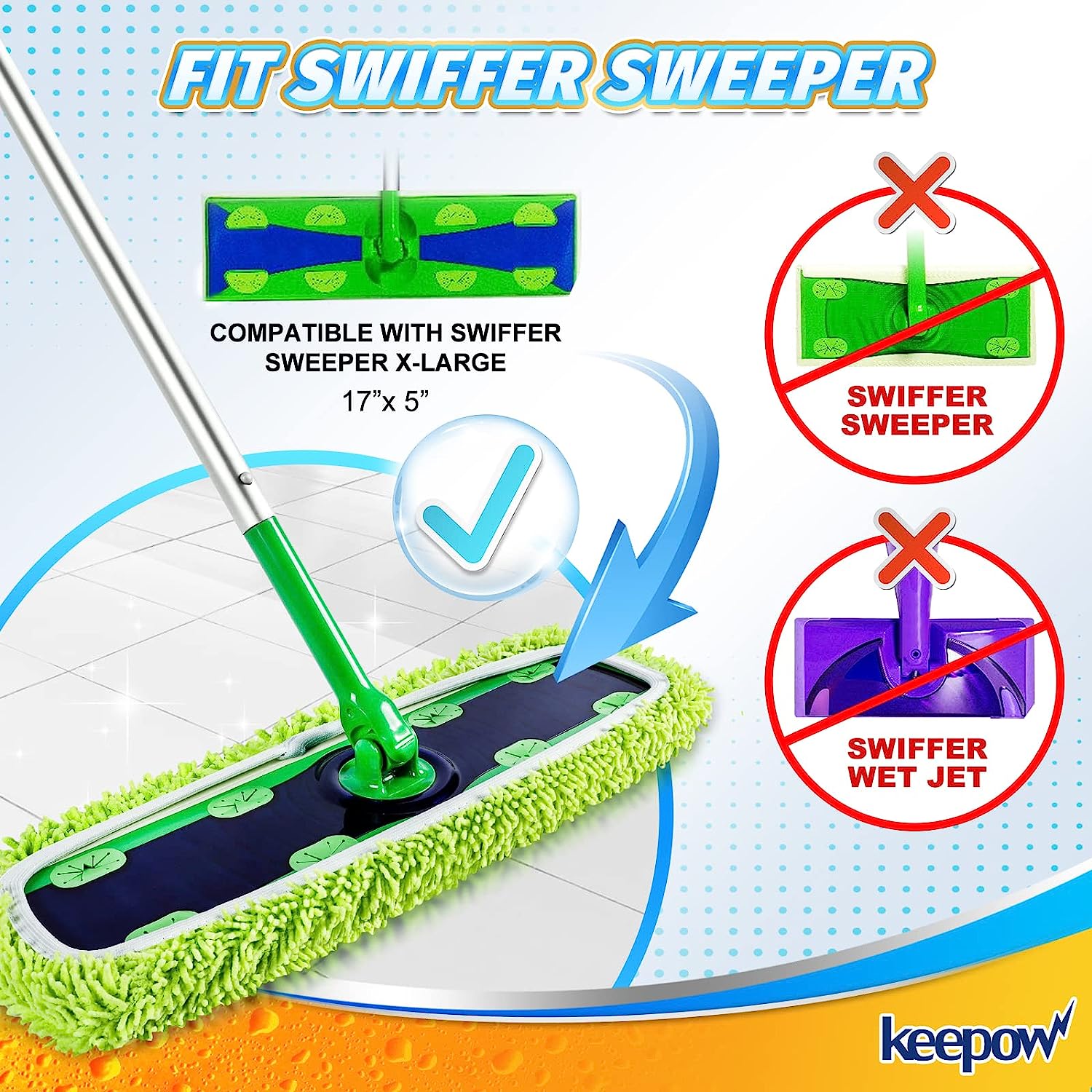 KEEPOW 5702M Reusable XL Wet Pads Refills for Swiffer XL Mop Sweeper, X-Large Dry-Sweeping/Wet-Mopping Microfiber Cloths, 2 Pack