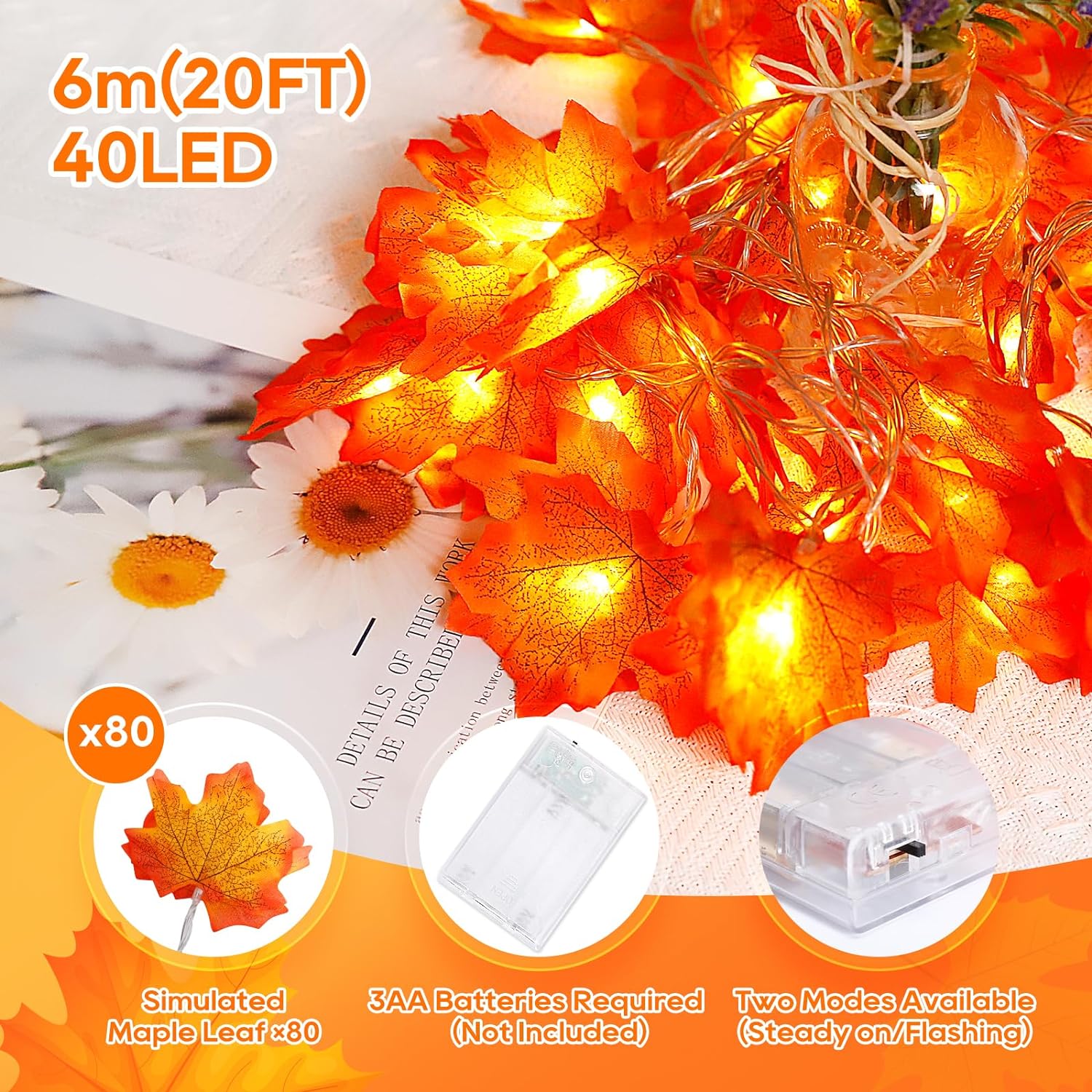 Thanksgiving String Lights 20FT 40LED Maple Leaf Garland with String Lights Battery Operated