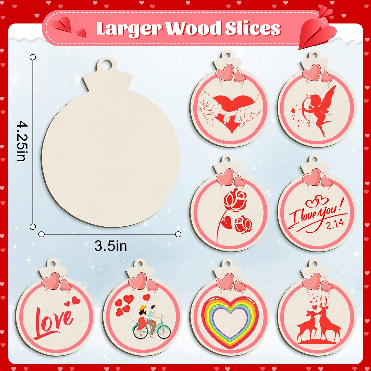 80PCS Valentines Day Wooden Ornaments for Crafts, 4" Valentine Ornaments for Tree, Unfinished Wood Slices 4 inch Circles Rounds Discs for Christmas's Day Decorations