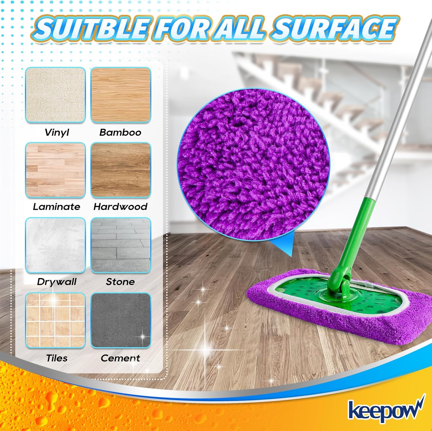 KEEPOW Green Cotton Pads for All 10-12 Inches Flat Mop 10 Mix Color