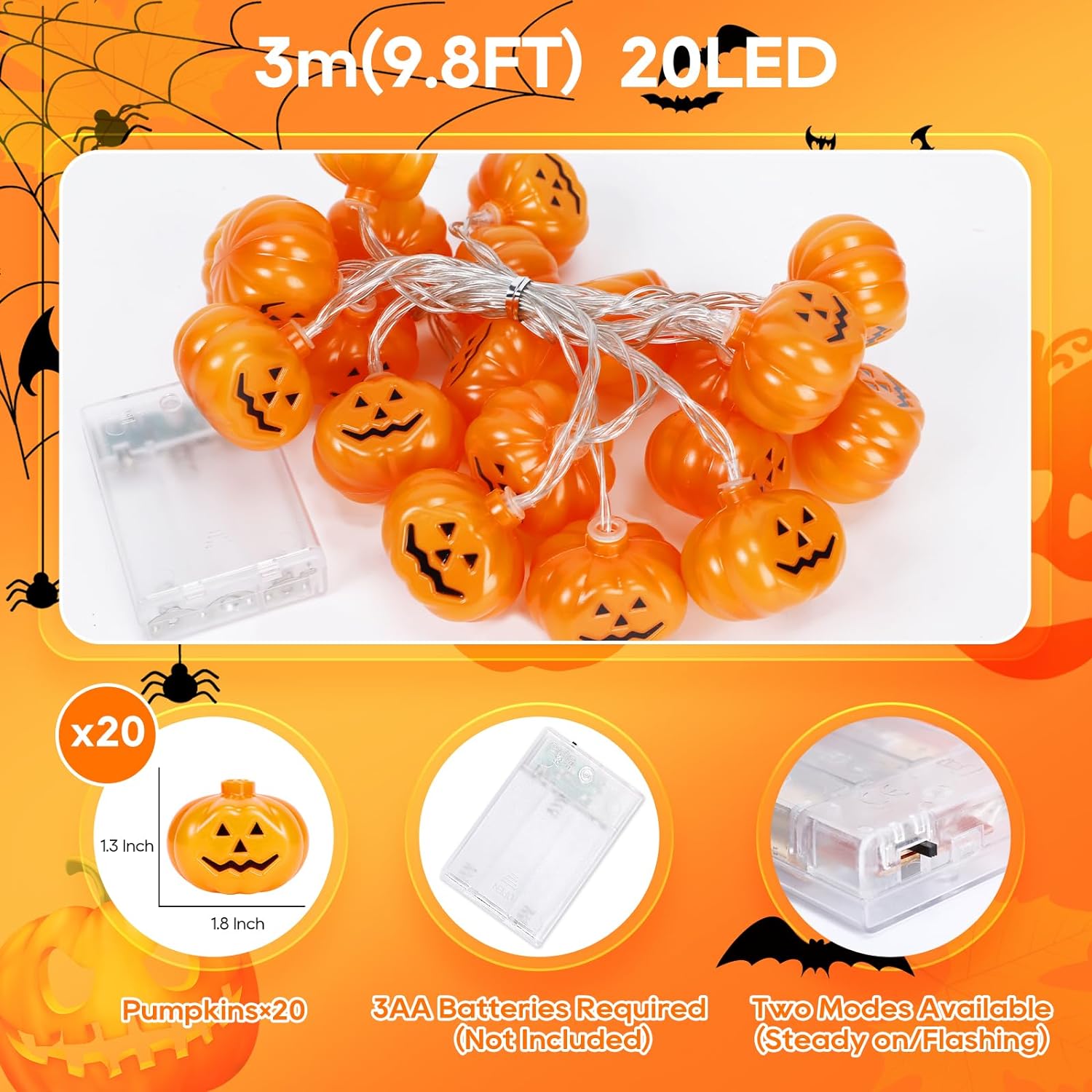Thanksgiving Pumpkin String Lights 9.8FT 20LED Halloween Decorations Lights Battery Operated
