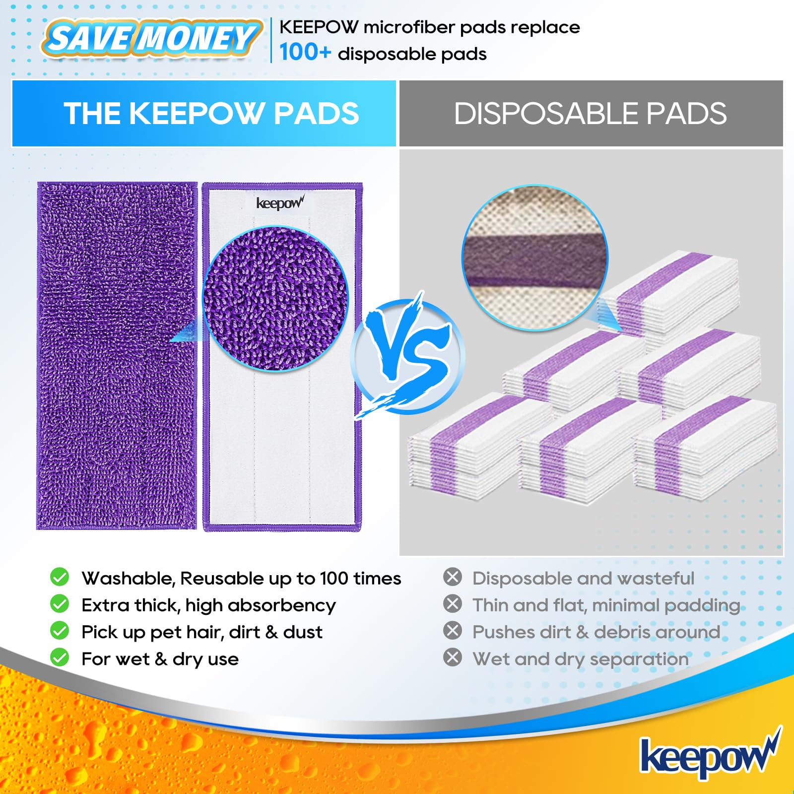 KEEPOW Reusable Wet Jet Pads Refills for Swiffer, Microfiber Wet Jet Heavy Duty Mopping Pads for Wood Floor Cleaning and Hard Surface (4 Pack)