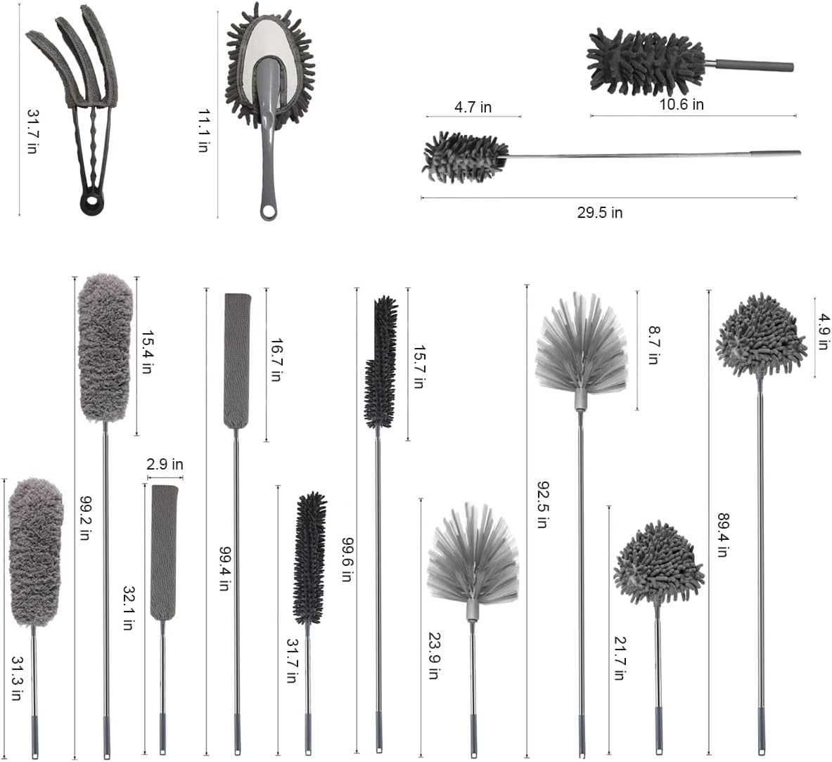 KEEPOW Microfiber Duster Set With Extension Pole, Stainless Steel Extension Pole 85.5 to 256 cm