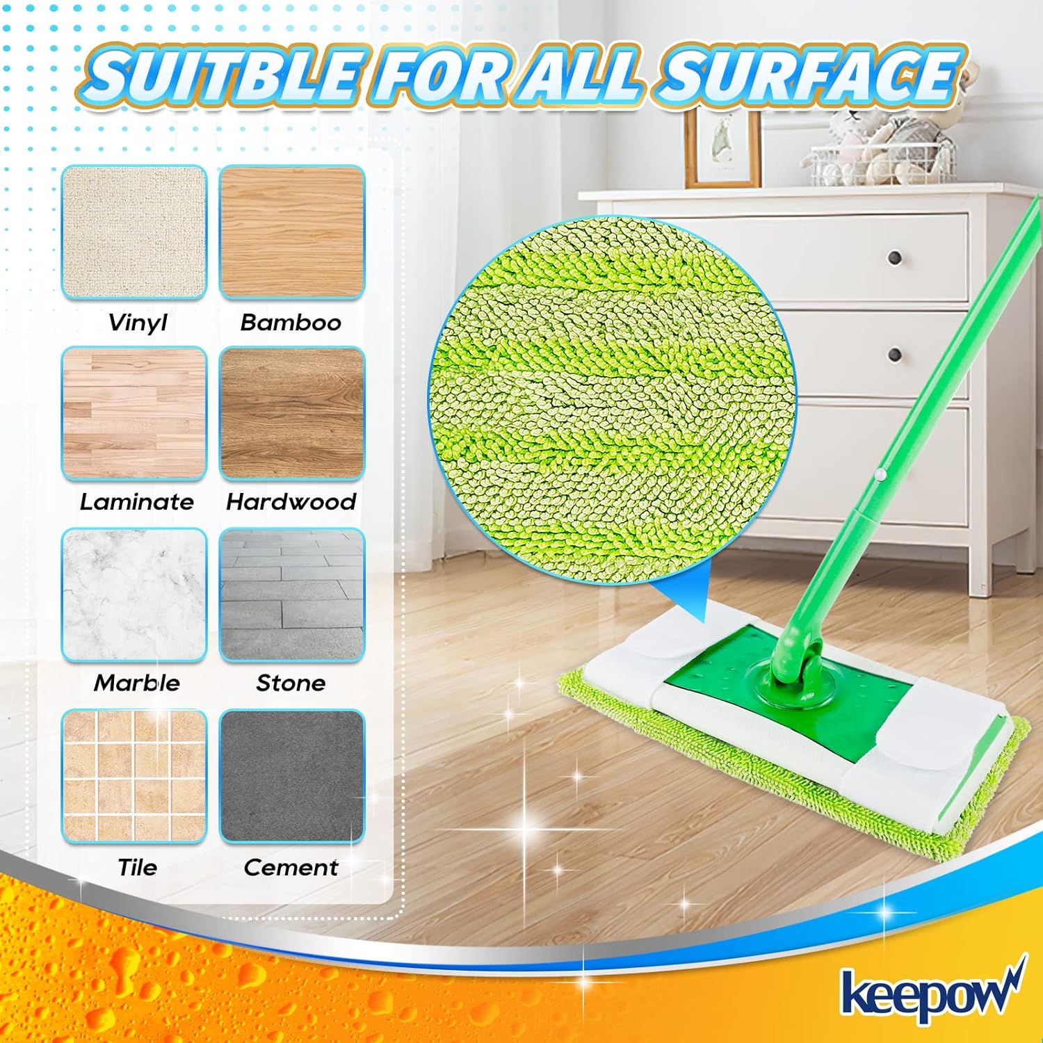 KEEPOW 5701M Juego de 6 paños de repuesto para mopa Swiffer Sweeper, microfibra sostenible para mopa de suelo, pulverizador, fregona limpiadora, lavable y reutilizable, color verde