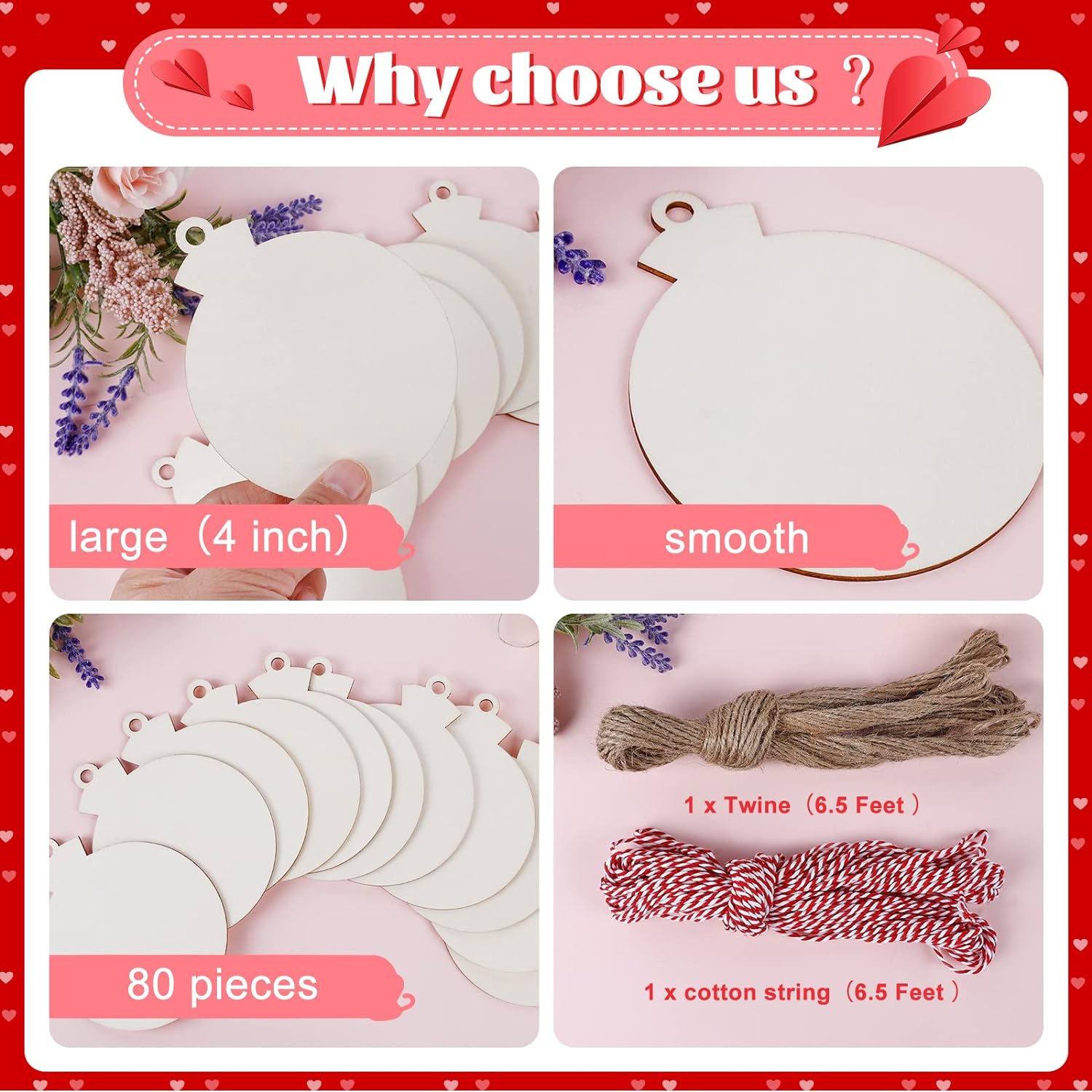 80PCS Valentines Day Wooden Ornaments for Crafts, 4" Valentine Ornaments for Tree, Unfinished Wood Slices 4 inch Circles Rounds Discs for Christmas's Day Decorations