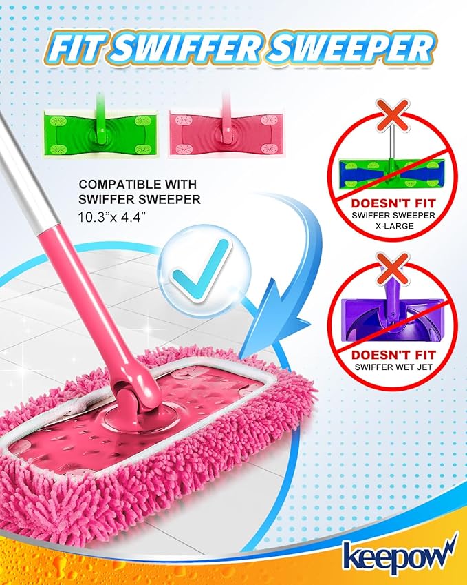 KEEPOW Microfiber Chenilles Pads for 10-12 Inches Flat Mop 6 Pcs Pink