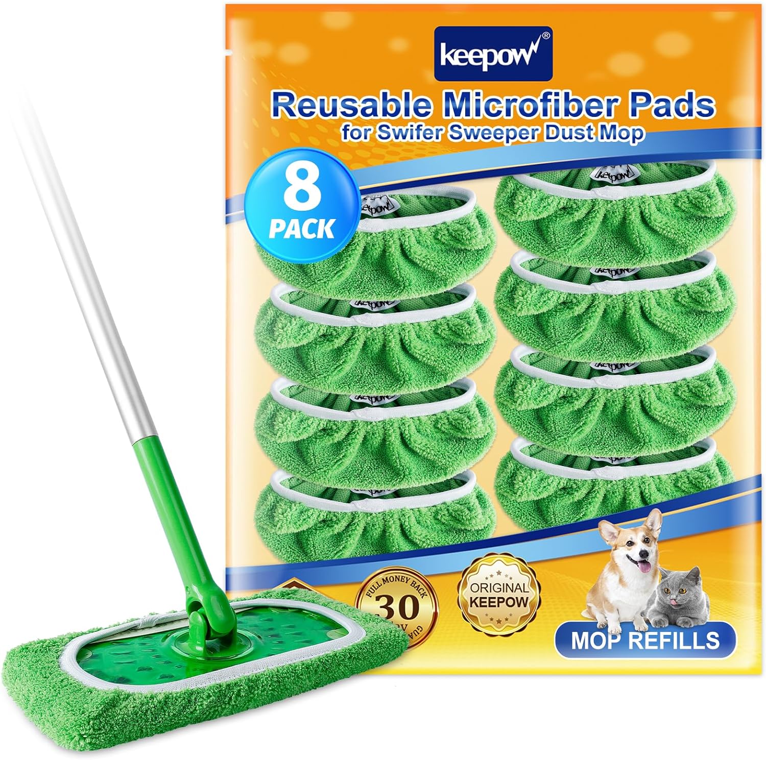 KEEPOW 5701M Green Cotton Pads for All 10-12 Inches Flat Mop 8 Pcs