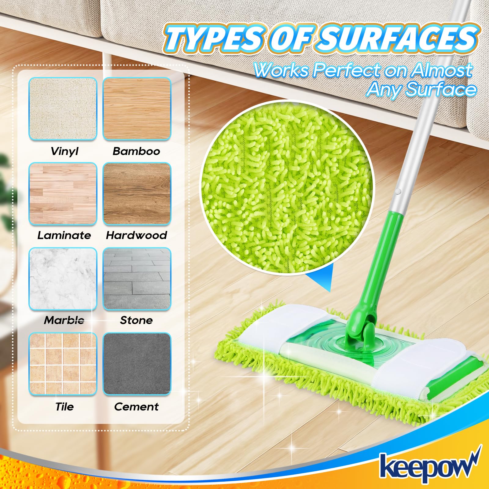 KEEPOW Reusable Microfiber Mop Pads Compatible with Swiffer Sweeper Mop, Washable Wet Mop Refills for Hardwood Floor Cleaning, 4 Pack (Mop is Not Included)