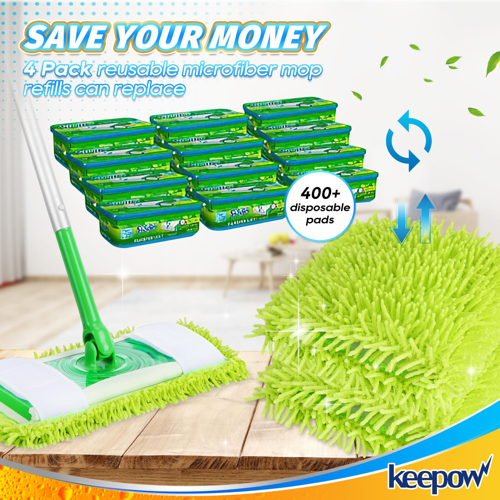 KEEPOW Reusable Microfiber Mop Pads Compatible with Swiffer Sweeper Mop, Washable Wet Mop Refills for Hardwood Floor Cleaning, 4 Pack (Mop is Not Included)