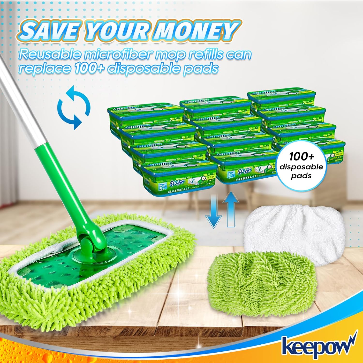 KEEPOW 5701M Reusable Wet Pads Refills Washable Microfiber Wet Mopping Cloths, 2 Pack (Mop is Not Included)