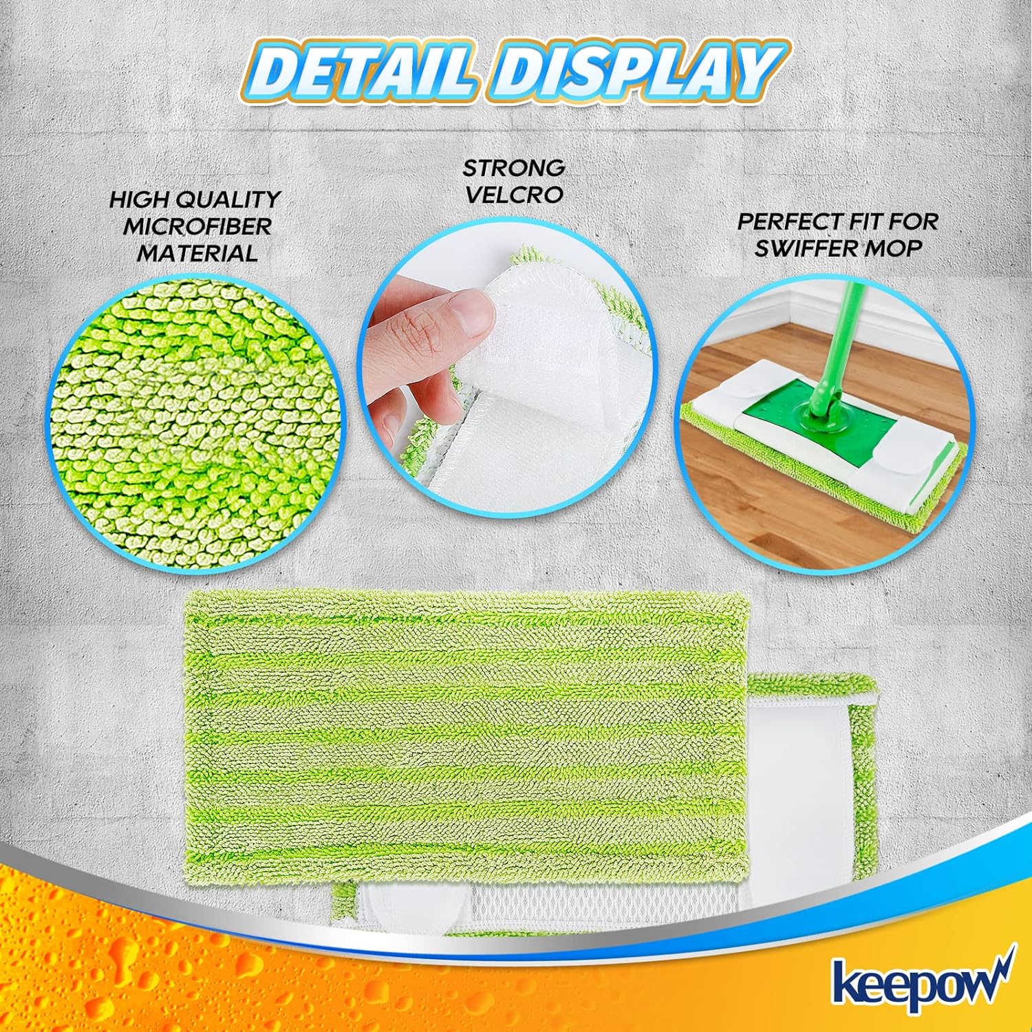 KEEPOW 5701M Juego de 6 paños de repuesto para mopa Swiffer Sweeper, microfibra sostenible para mopa de suelo, pulverizador, fregona limpiadora, lavable y reutilizable, color verde