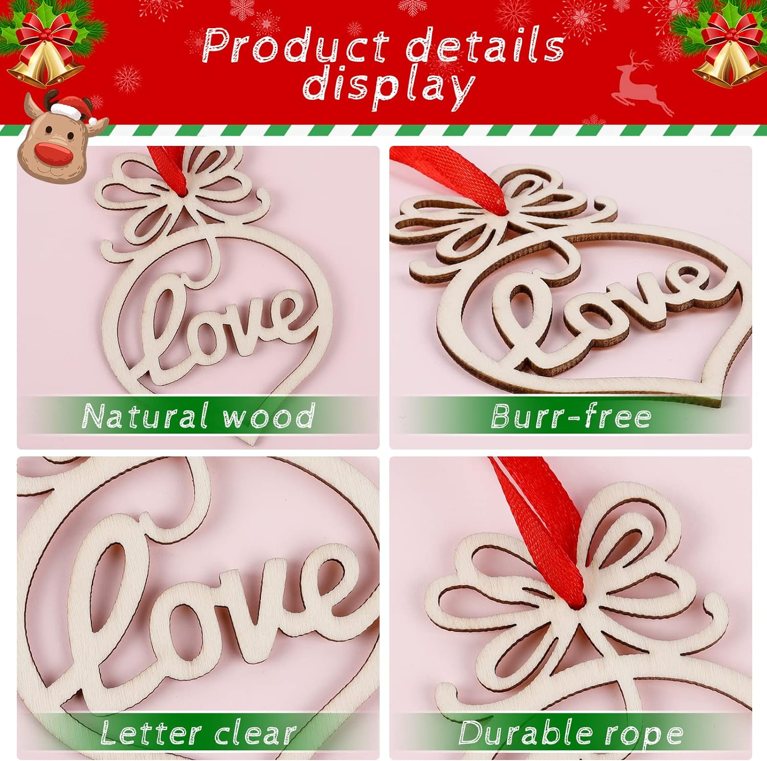 Wooden Christmas Ornaments Xmas Tree Hanging Tags Pendant Embellishments Crafts Decor for Christmas Tree Holiday Wedding Decorations with Strings, Pack of 12