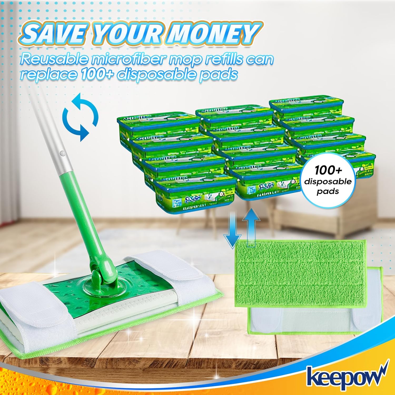 KEEPOW 5701M Dry Sweeping Cloths for Swiffer Sweeper, Reusable Microfiber Mop Pads Refills 2-Pack