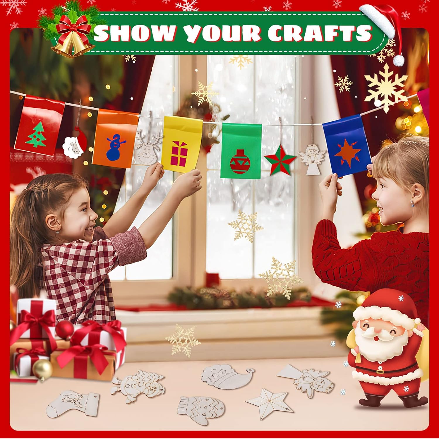 Christmas Crafts for Kids Unfinished Wooden Slices for Holiday Hanging Decorations 10Style 80Pcs