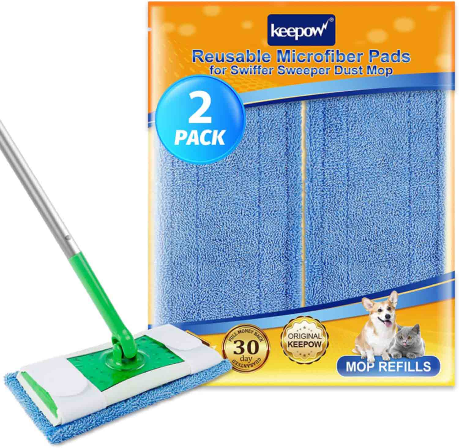 KEEPOW Blue Microfiber Pads for Swiffer Sweeper Mop 2-Pack