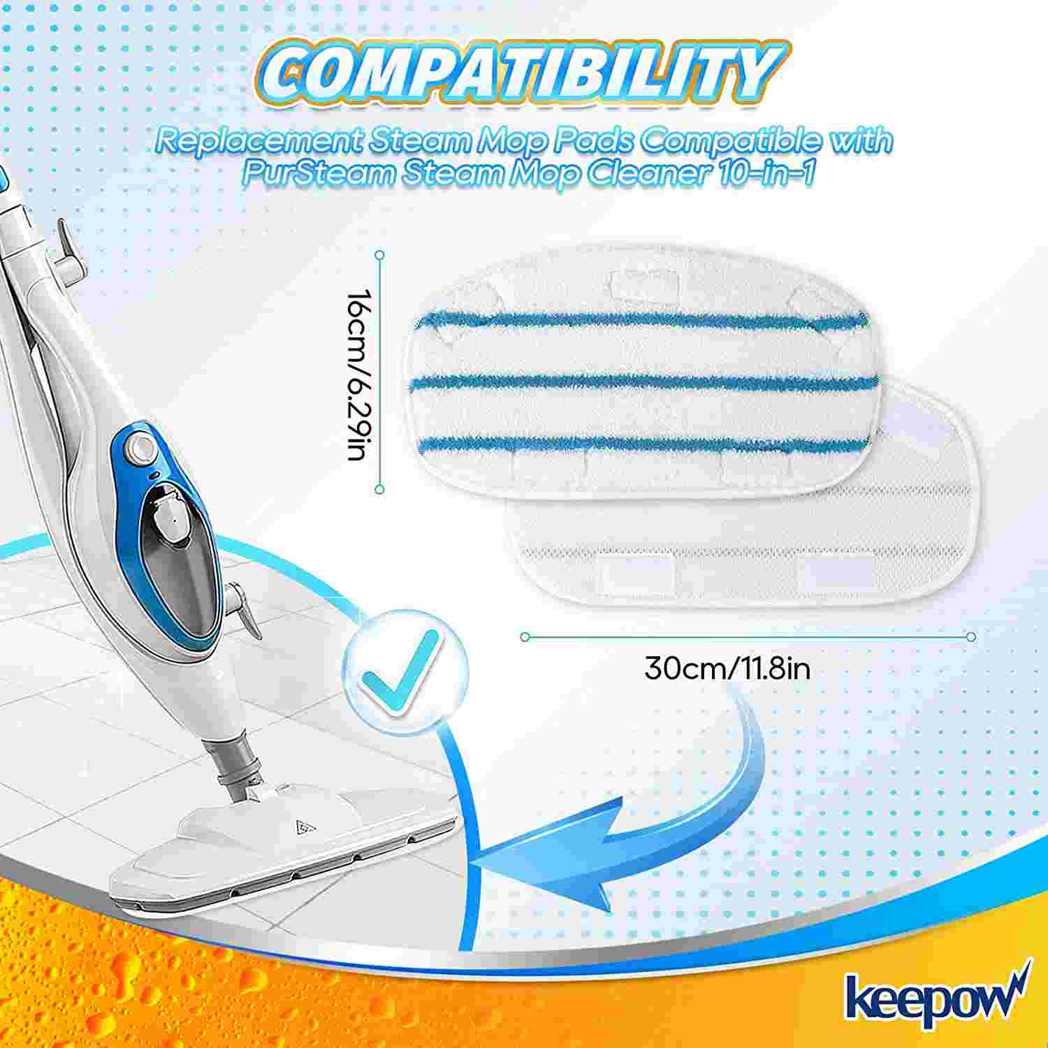 KEEPOW Steam Mop Pads Compatible with PurSteam Steam Mop Cleaner 10-in-1/ThermaPro 211, Washable/Reusable Microfiber Replacement Mopping Pads, 5 Pack