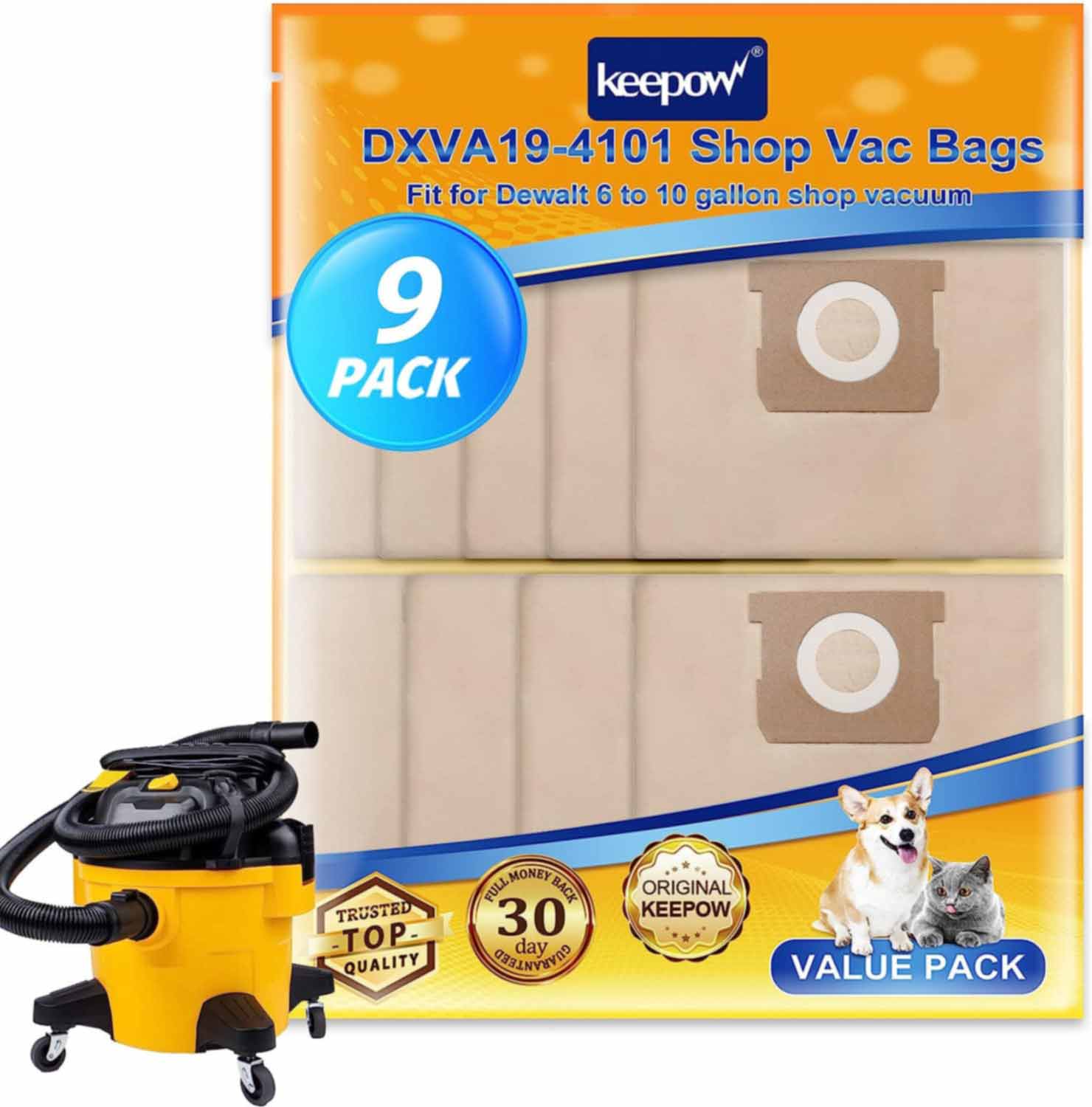 KEEPOW 1201D Bags for DEWALT 6-10 Gallon Vacuum 9 Pcs