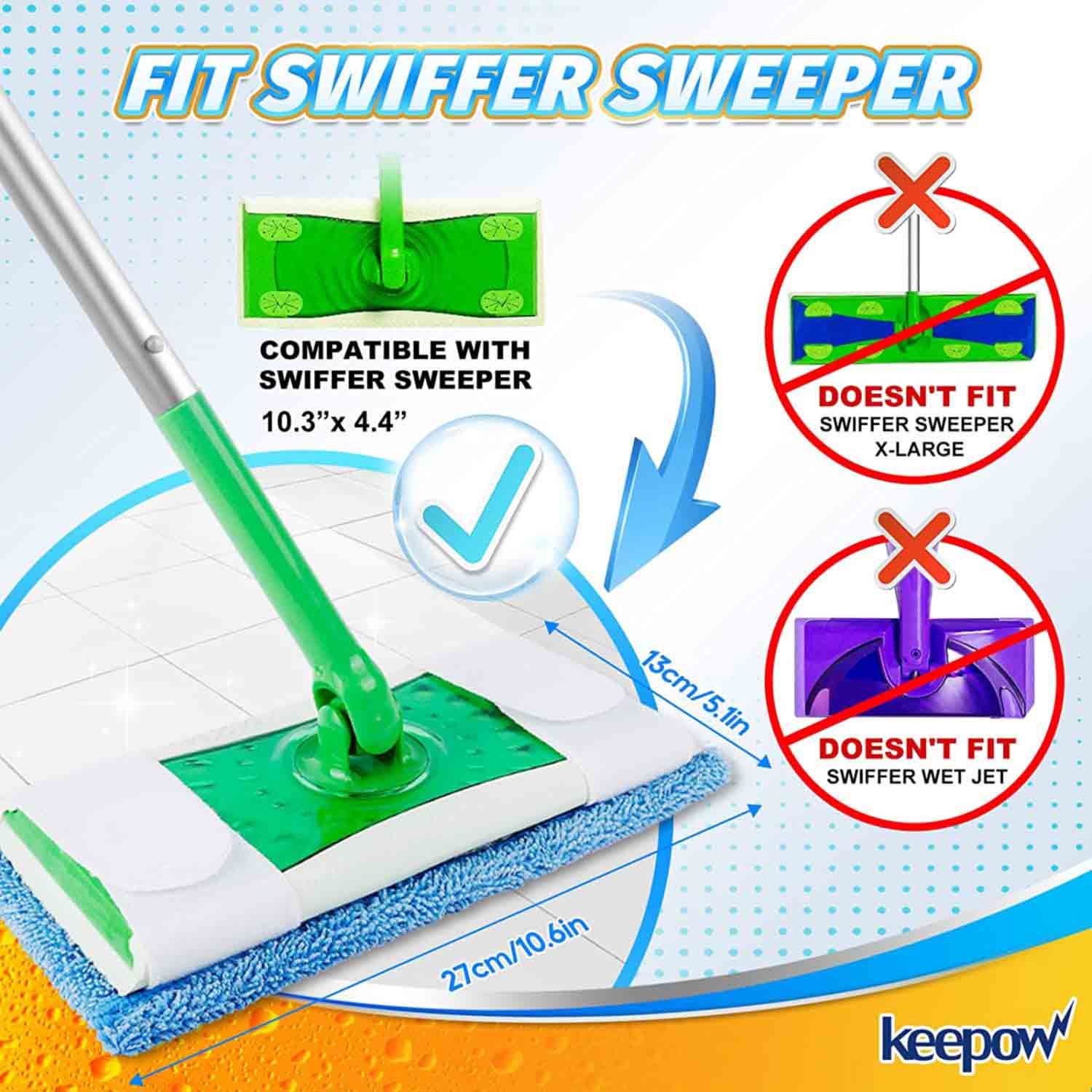 KEEPOW Reusable Microfiber Pads Compatible with Swiffer Sweeper Mops, Washable Dry Sweeping Cloths, Mopping Refills Cloths for Wet and Dry Sweeping, 2 Pack