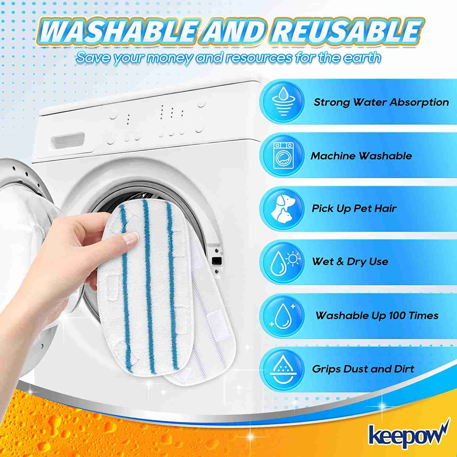 KEEPOW Microfiber Steam Mop Pads for PurSteam ThermaPro 10-in-1 8-Pack