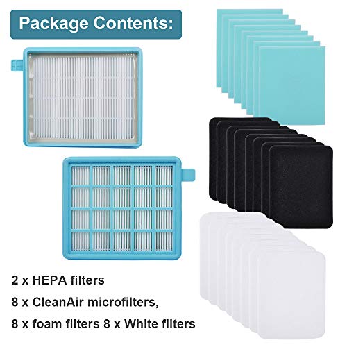 KEEPOW Filter for Philips PowerPro Active Compact Eco FC8477/91, Philips Power Cyclone 4 Filter, 2x EPA10 Motor Filter, 16x Exhaust Filter with Foam, 8x Motor Inlet Filters