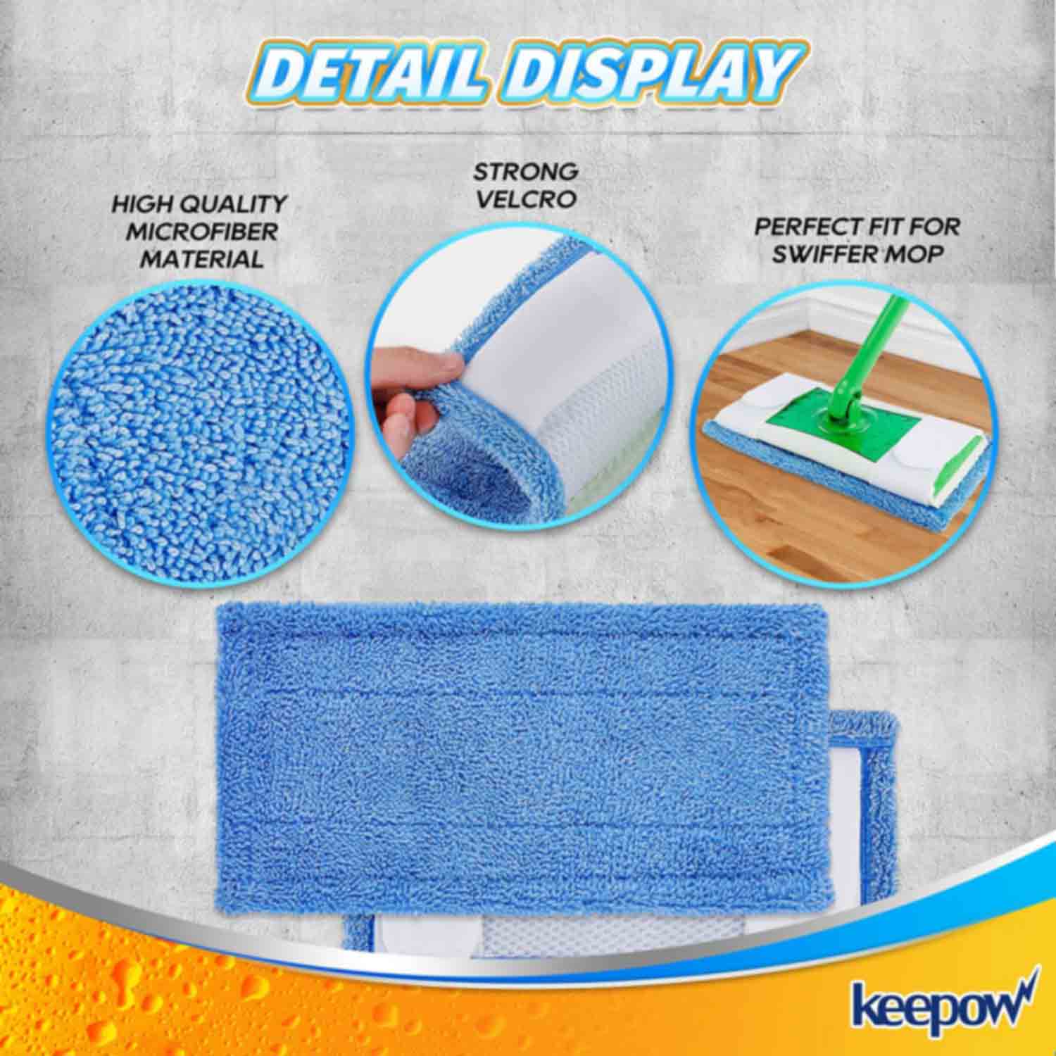 KEEPOW 5701M Blue Microfiber Pads for All 10-12 Inches Flat Mop 4 Pcs