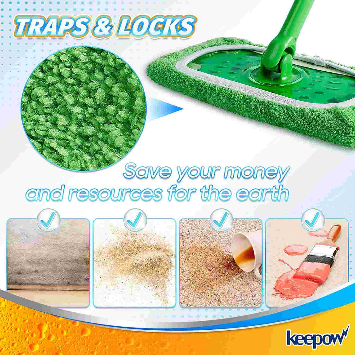 KEEPOW Dry Sweeping Cloths, Washable Microfiber Wet Mopping Cloth Refills for Surface/Hardwood Floor Cleaning