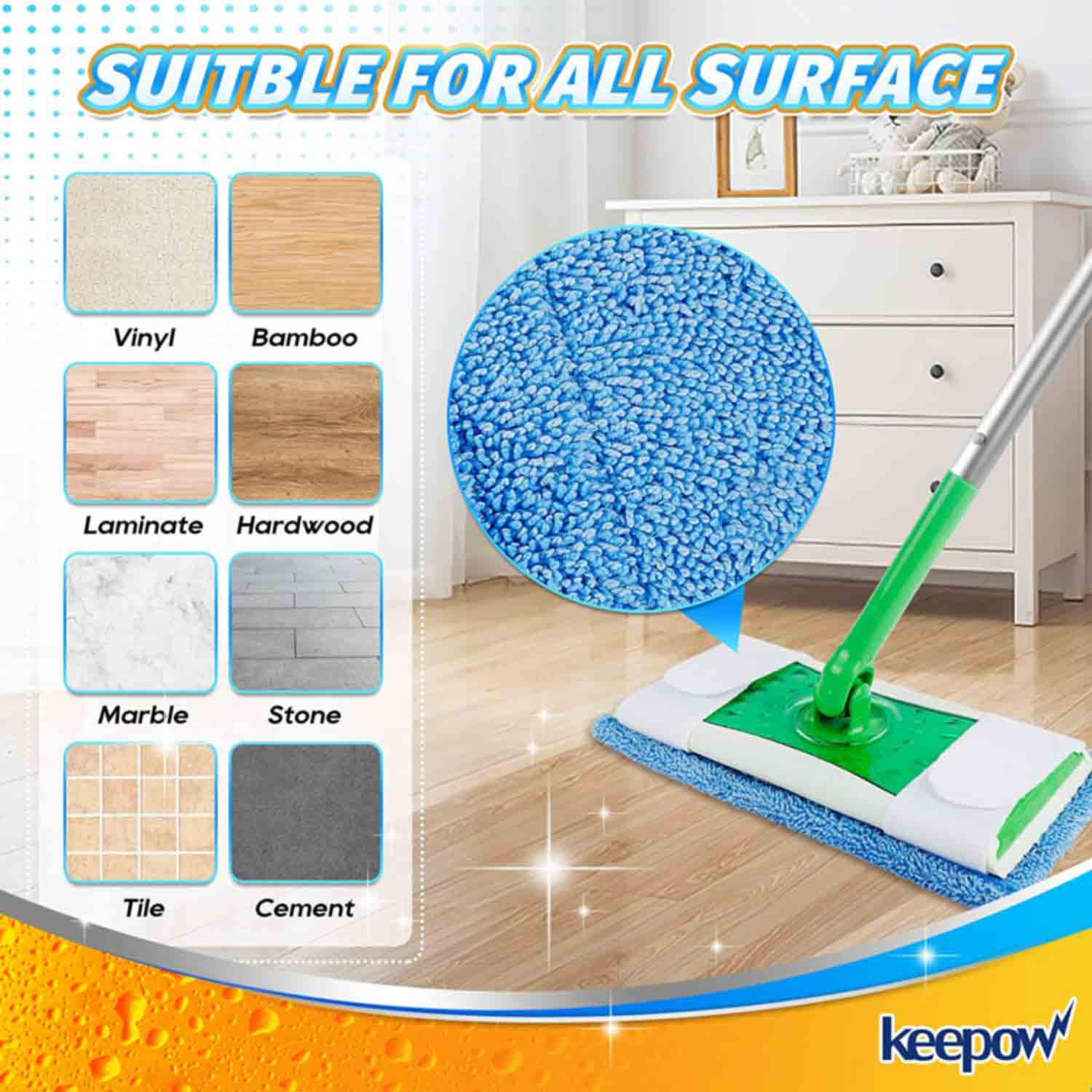 KEEPOW 5701M Blue Microfiber Pads for All 10-12 Inches Flat Mop 2 Pcs
