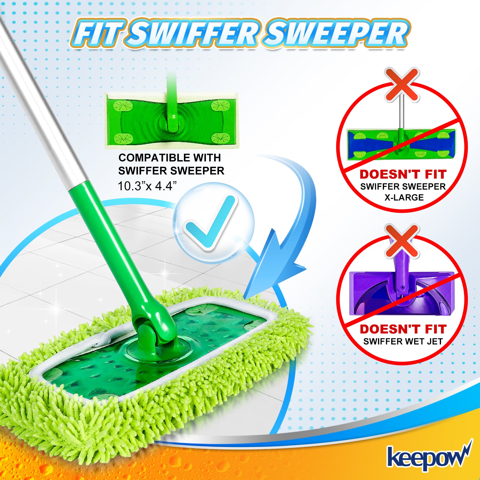 KEEPOW Reusable Microfiber Mop Pads Compatible with Swiffer Sweeper Mop, Dry Sweeping Cloths, Washable Wet Mopping Cloth Refills for Surface/Hardwood Floor Cleaning, 4 Pack (Mop is Not Included)