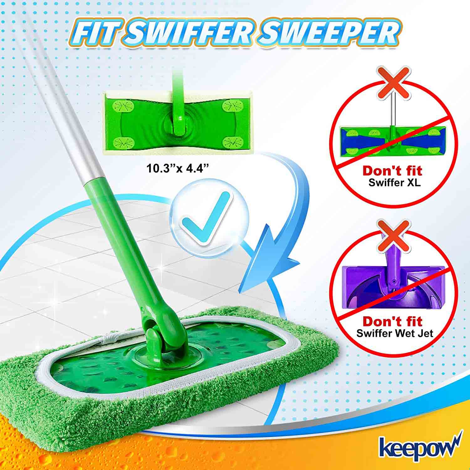 KEEPOW Reusable Wet Pads Refills Compatible with Swiffer Sweeper Mop, Dry Sweeping Cloths, Washable Microfiber Wet Mopping Cloths for Hardwood Floor Cleaning, 2 Pack (Mop is Not Included)